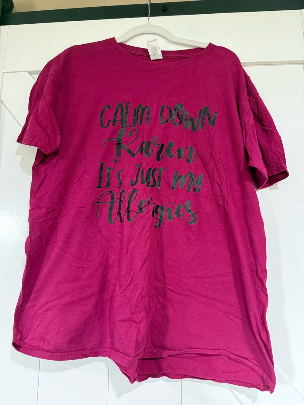 Gildan Women's Short Sleeve Tee in Fuchsia with Black Script
